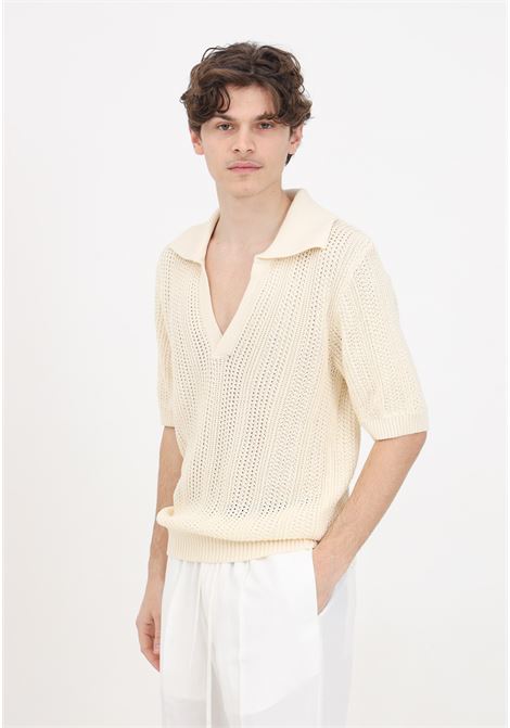 Cream-coloured men's polo shirt with perforated texture and loose knit IM BRIAN | MA2805PANNA